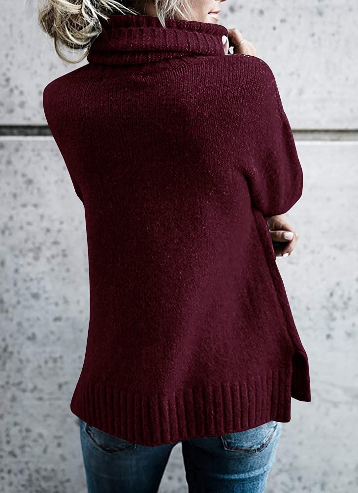 FISACE Womens Oversized Turtleneck Pullover Sweater Cable Knit Long Sleeve Sweater Tops A-Wine Red - Image 4